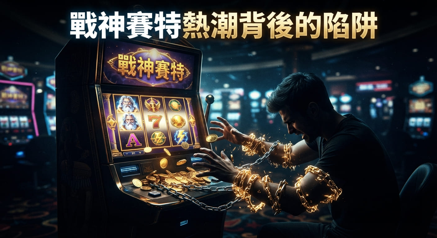 這是一張以「戰神賽特熱潮背後的陷阱」為主題的圖片,描繪了一名男子深陷吃角子老虎機熱潮並被金光鎖鏈綑綁的畫面。畫面正上方醒目地顯示著繁體中文標題。