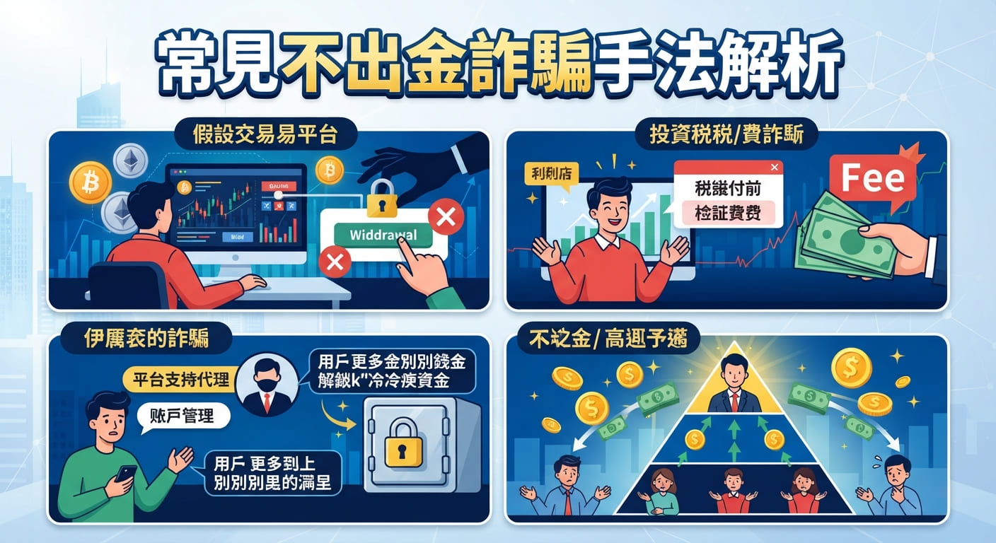 此圖解析常見的不出金詐騙手法,並包含多個案例與圖解說明。 畫面主標題為「常見不出金詐騙手法解析」,下方呈現假交易平台與稅費詐騙等情境。